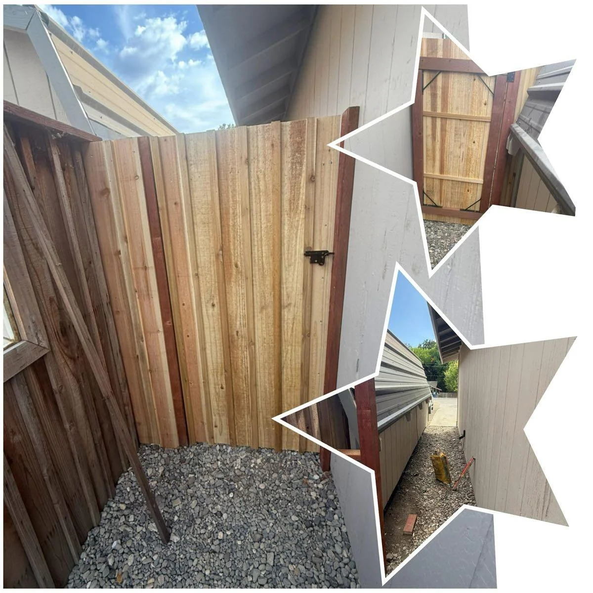 Wood fence and gate details in a business photo collage