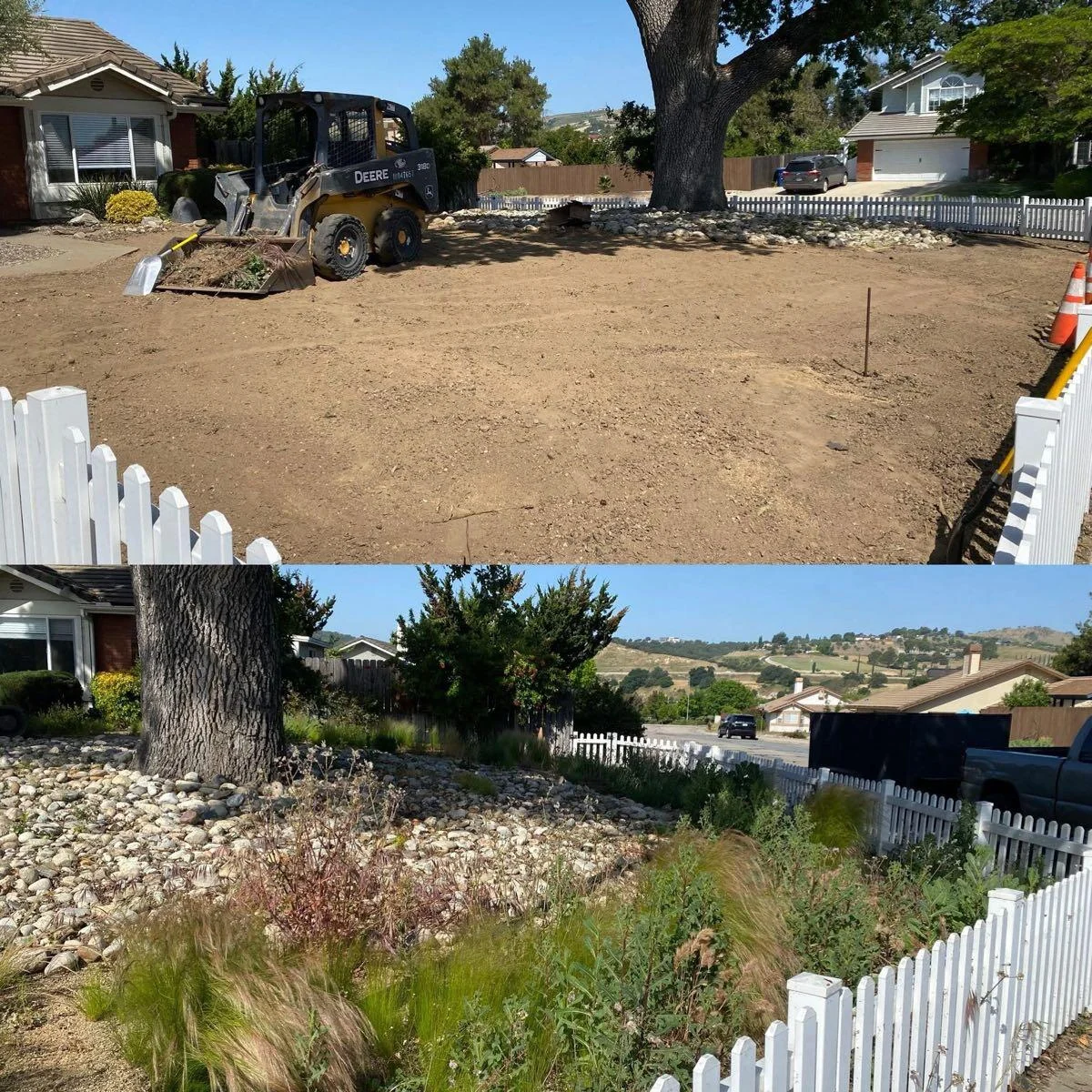 Two views of a residential yard in a business photo collage